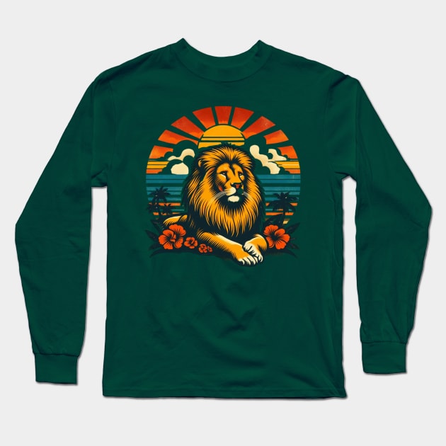 Majestic Lion Sunset Retreat - Tropical Paradise Long Sleeve T-Shirt by Curious Sausage